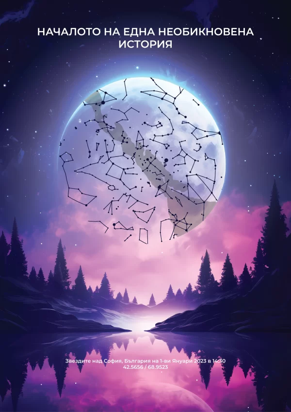 Персонализирана звездна карта с точно разположение на звездите — дизайн Луна и Гора